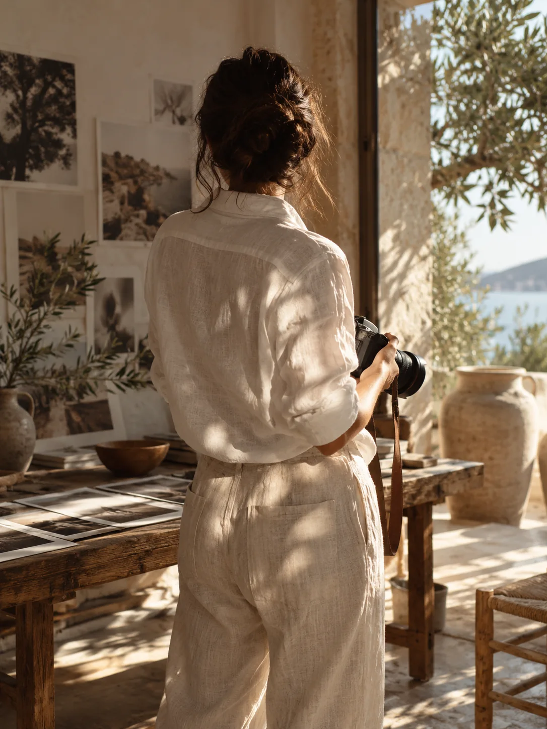 Une photographe de dos dans un atelier lumineux — image d’ambiance provisoire, portrait de Lia à venir