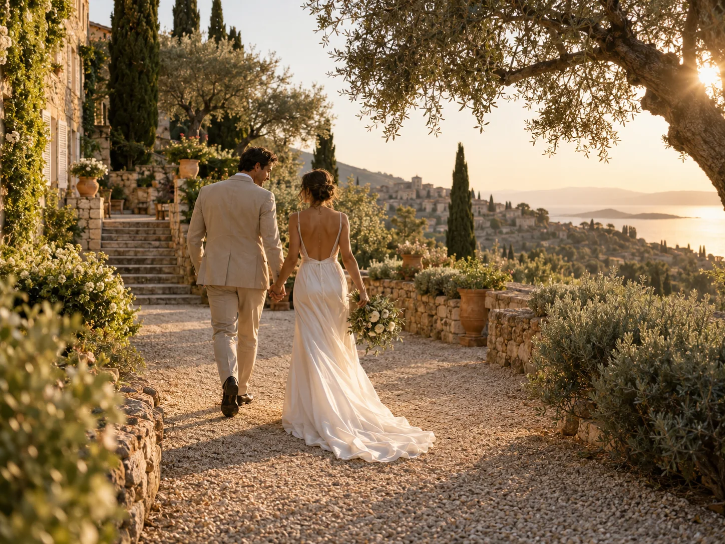 Un couple de mariés dans un jardin méditerranéen — visuel d’ambiance provisoire